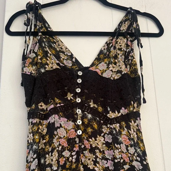 Free People Black Floral Dress boho hippie cottage summer goth resort cover up - Picture 5 of 8